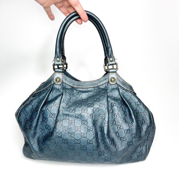 🍋 Gucci Blue Guccissima Leather Medium Sukey Satchel Bag - Picture 6 of 9